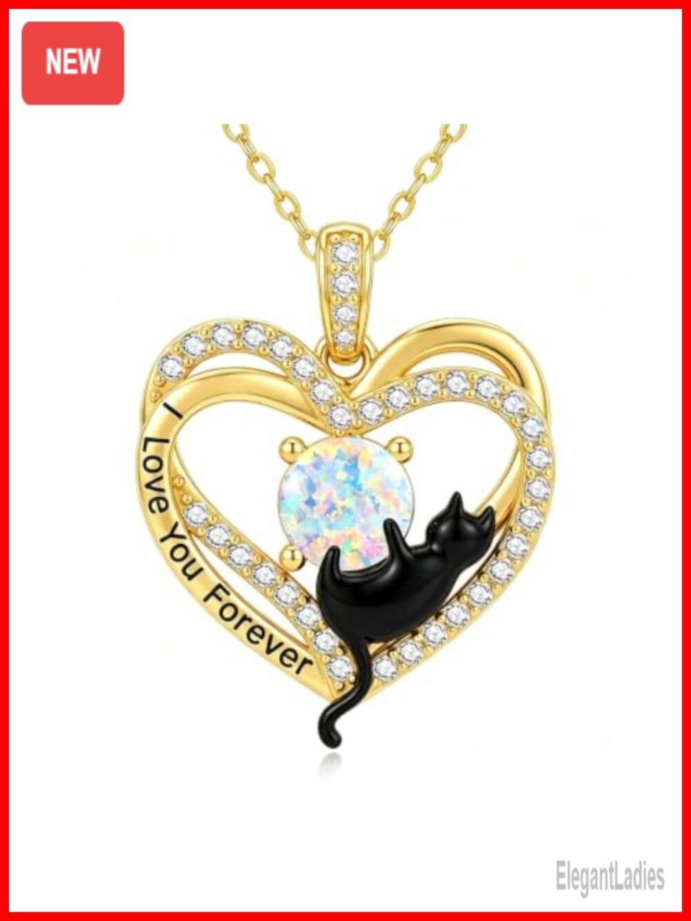 14K Gold Plated Cat Pendant Necklace Opal Birthstone Gift for Women
